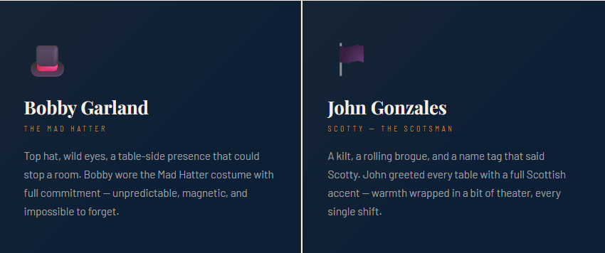 Bobby Garland and John Gonzales in costume during their Bobby McGee's years